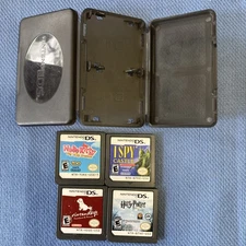 Nintendo DS 4 Game Lot & Case - I Spy, Hellow Kitty, Harry Potter, Ninteendogs.