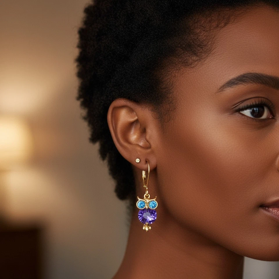 Pendientes colgantes Betsey Johnson circonita cúbica búho - tono dorado con cristales azules y morados Foto 3 de 4