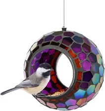 Sunnydaze 6-Inch Glass Mosaic Hanging Bird Feeder for Outdoors - Fly-Through Wil