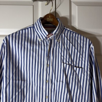 Hackett London Men's Cotton L/S Button Down Oxford Shirt Blue Stripe Red   M
