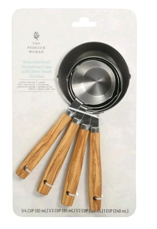 Pioneer Woman 4-Piece Stainless Steel Measuring Cups with Olivewood Handles