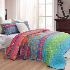 King Size Quilt Set 106x 92 in 3Pcs, Bohemian Red  Green Blue Oversized Scal...