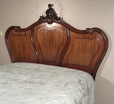 Antique French Queen Size Rococo Louis XV Style Headboard Bed in Mahogany Wood