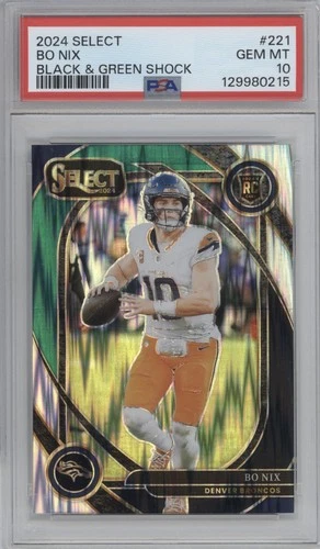 2024 Panini Select - Club Level Bo Nix #221 Black & Green Shock Prizm RC PSA 10