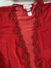 Lucie Ann Robe Womens Medium Glitter Red Solid Lace Embroidered Sleepwear