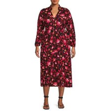Terra & Sky Women's Plus Size Long Sleeve Printed Peasant Midi Dress