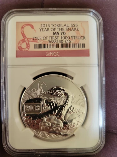 NGC MS70 2013 TOKELAU $5 YEAR OF THE SNAKE 1 oz .999 SILVER PF70  (026)
