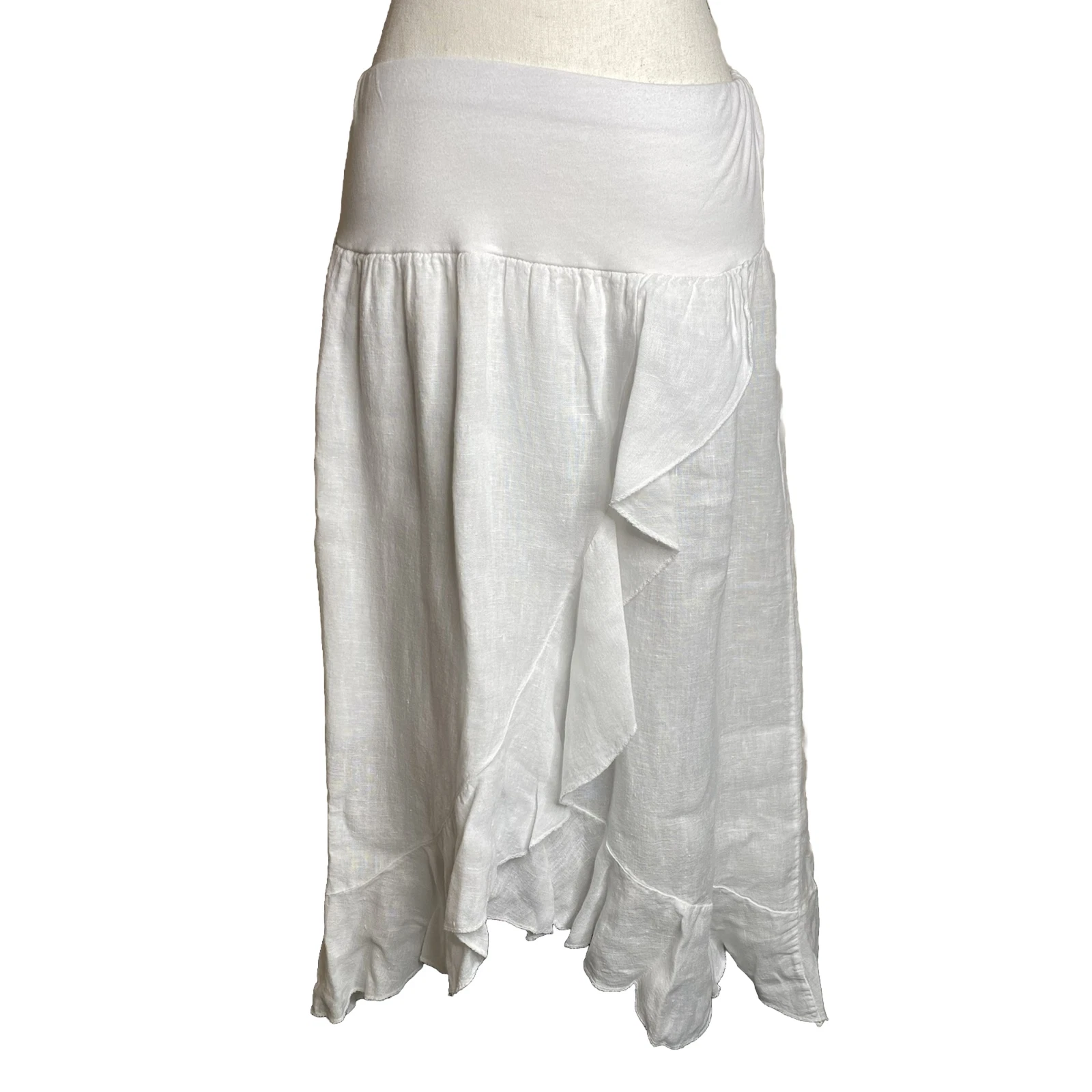 Sundance Women’s Medium White Linen Ruffle Midi Asymmetrical Stretch Skirt