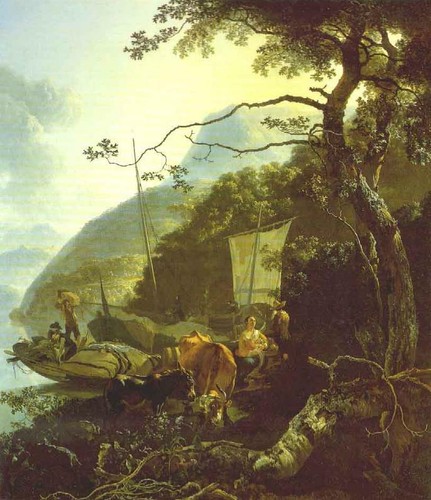 Oil painting Boatmen-Moored-on-the-Shore-of-an-Italian-Lake-Adam-Pynacker view - Picture 1 of 1