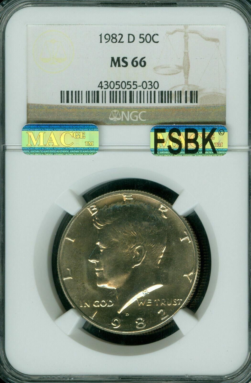 1982 D KENNEDY HALF DOLLAR NGC MS66 MAC FSBK FULL SPLIT BEAK SPOTLESS ...