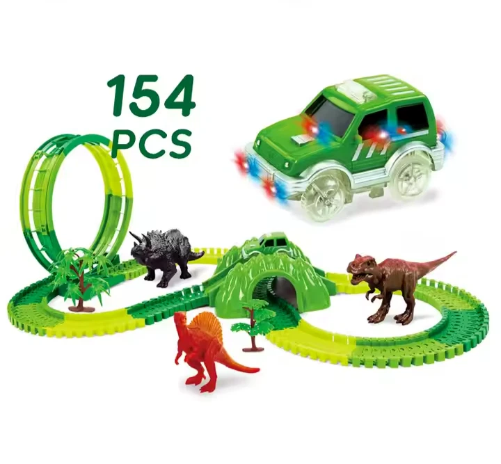 DIY 154-Pcs Dinosaur Tracks Car Toy Magic 360 Loop Tracks w/ Five  LED Lights - Image 4 of 4