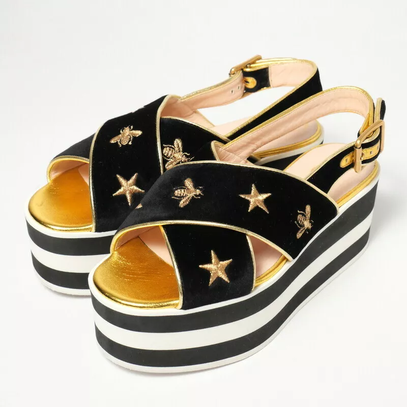 GUCCI Sandales Taille 34 1/2 Sandales à Bretelles Chaussures BEE Etoile Broderie Velours P...