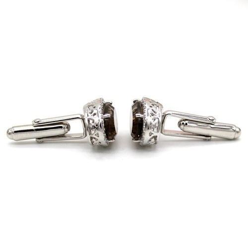 Exquisite Quarzo Fumè & Cz Halo Gemelli 925 Argento Sterling Dello Sposo Regalo - Foto 5 di 5