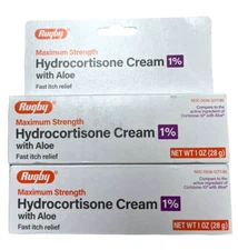 Hydrocortisone Cream 1% w/ Aloe Max Strength 1oz RUGBY ( 2 pack ) - BOX MAY VARY
