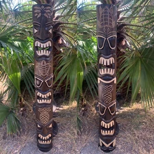 Set of 2 Tiki Hono Pineapple Palm Tree Totem Wood Mask Tropical Patio Bar Decor