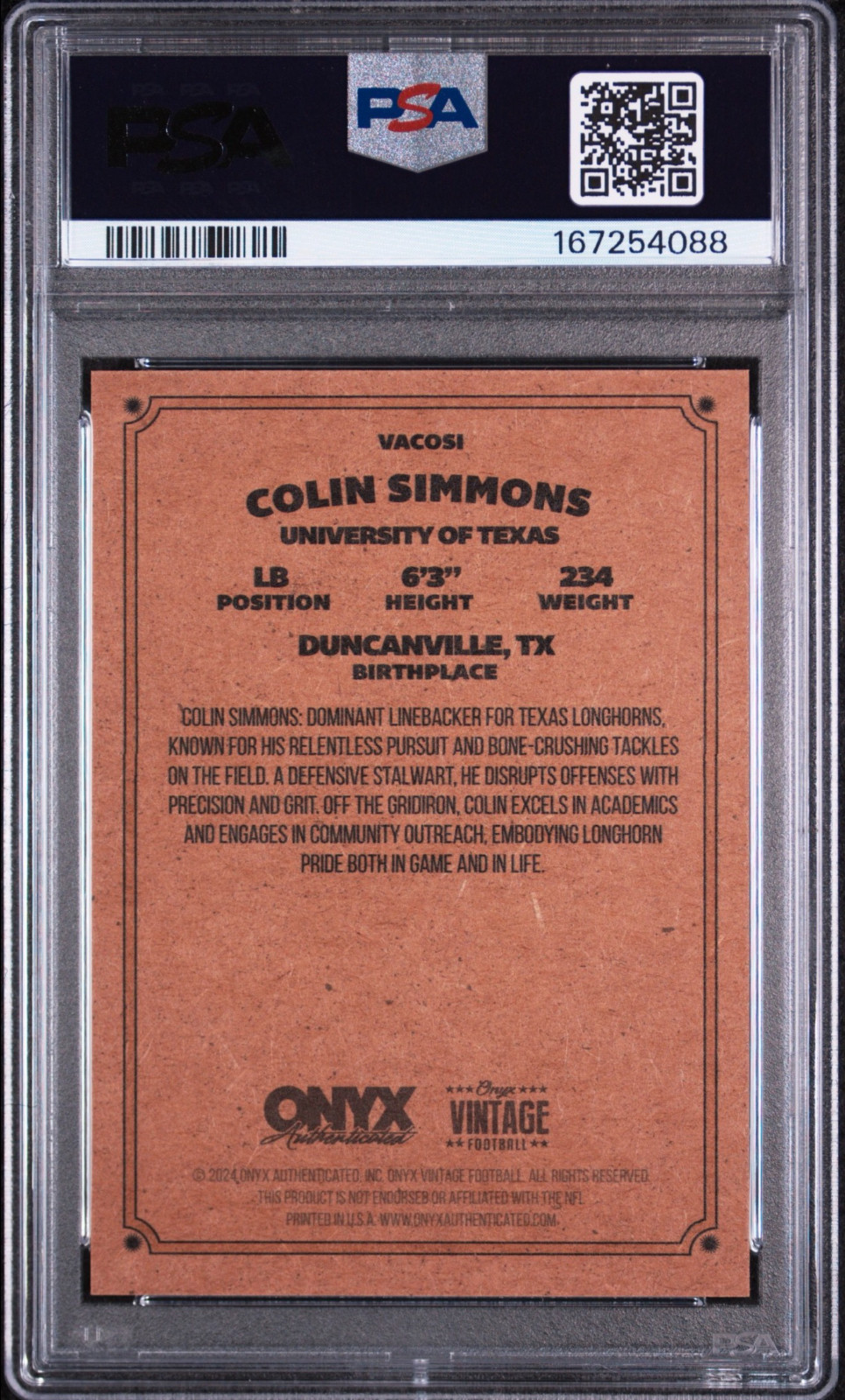 2024 ONYX VINTAGE COLIN SIMMONS PSA POP 1 1/1? TEXAS ARCH ELITE 5STAR EDGE GEM 9 view 2