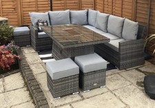 Nova L-Shaped Corner Rattan Lounge Dining Set, 3 Stools & FIRE PIT Table