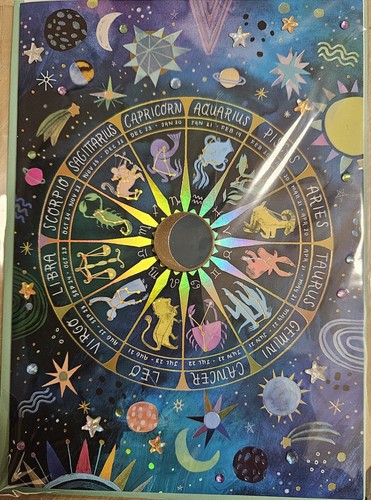 Tarjeta de cumpleaños holográfica de papiro astrológica con joyas con gemas de estrellas lunares signos - Imagen 4 de 5