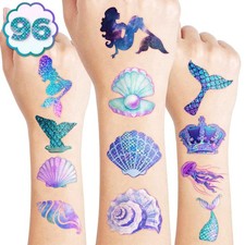 Mermaid Pre Cut Temporary Tattoos for Kids 96PCS Under the Sea Party Favors