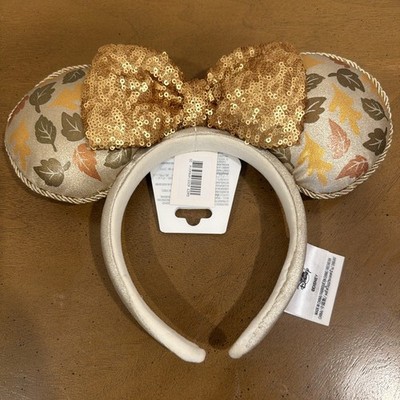 Disney Parks 2023 Autumn Fall Leaves Minnie Mouse Ears Gold Sequin Bow Headband