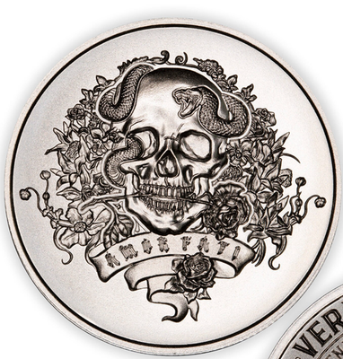 #ad ENDURING LATIN MAXIMS – AMOR FATI – DEATH SKULL 1 oz .999 Fine BU SILVER $79.95