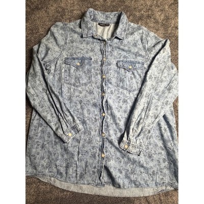 Janina Women Blue Floral Denim Cotton Button Down Shirt Long Sleeve Size 42