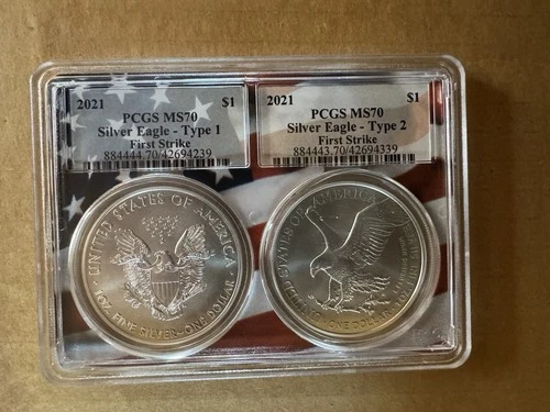 2021 SILVER EAGLE 2 COIN SET - TYPE 1 AND TYPE 2 - PCGS MS70 FIRST STRIKE FLAG