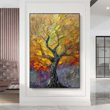 Golden Flowers Tree Luck Tree Oil Hand Painting Painting 3D Hand-Painted Purple