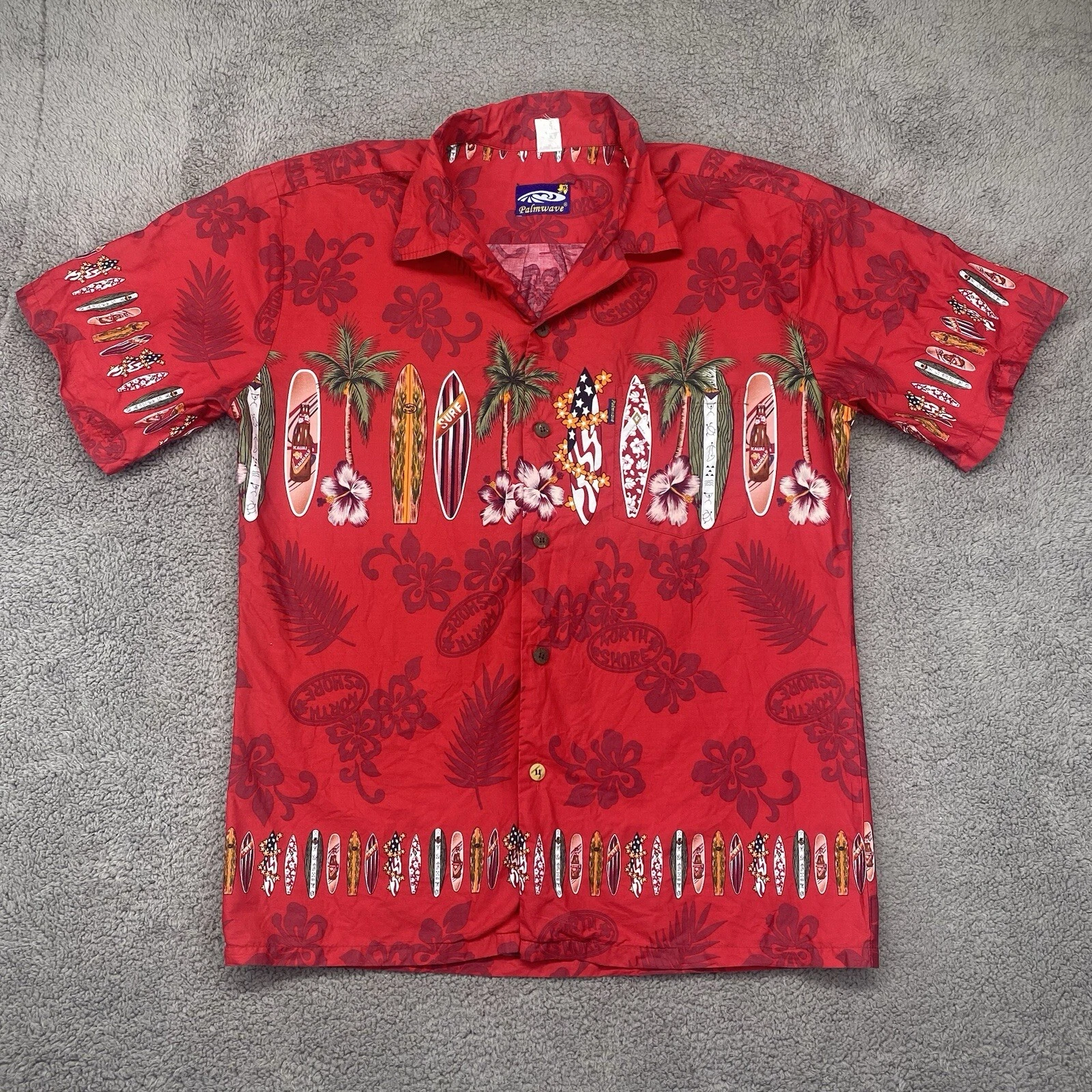 Palmwave Shirt Mens Large Red Hawaiian Surf Aloha Floral Palm Trees Surfboards