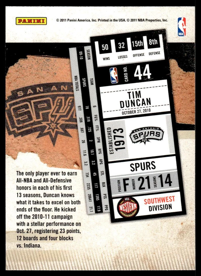 2010-11 Playoff Contenders Patches 44 Tim Duncan Spurs Basketball Card - Image 2 of 2