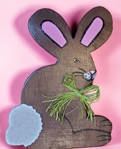 Wood Handcrafted Bunny Stake Brown Rabbit Outdoor Decor Green Bow Handpainted