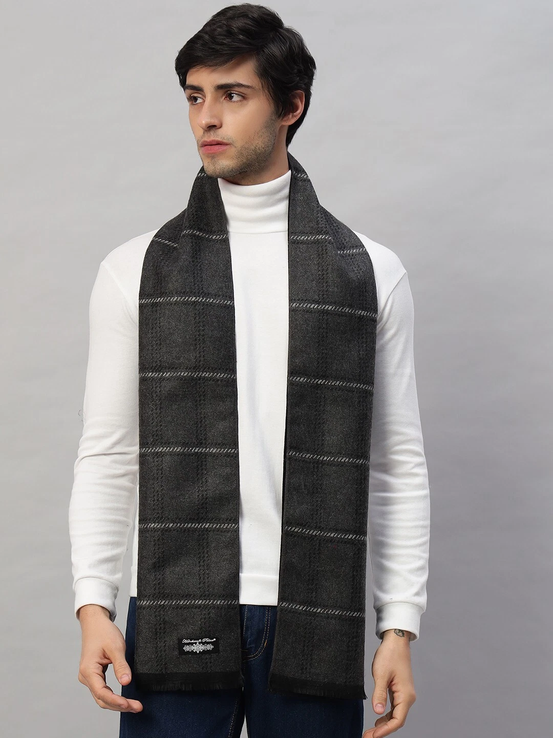 Men's WINTER 100% CASHMERE SCARF Black Gray Made in India Soft Wool Wrap Scarf