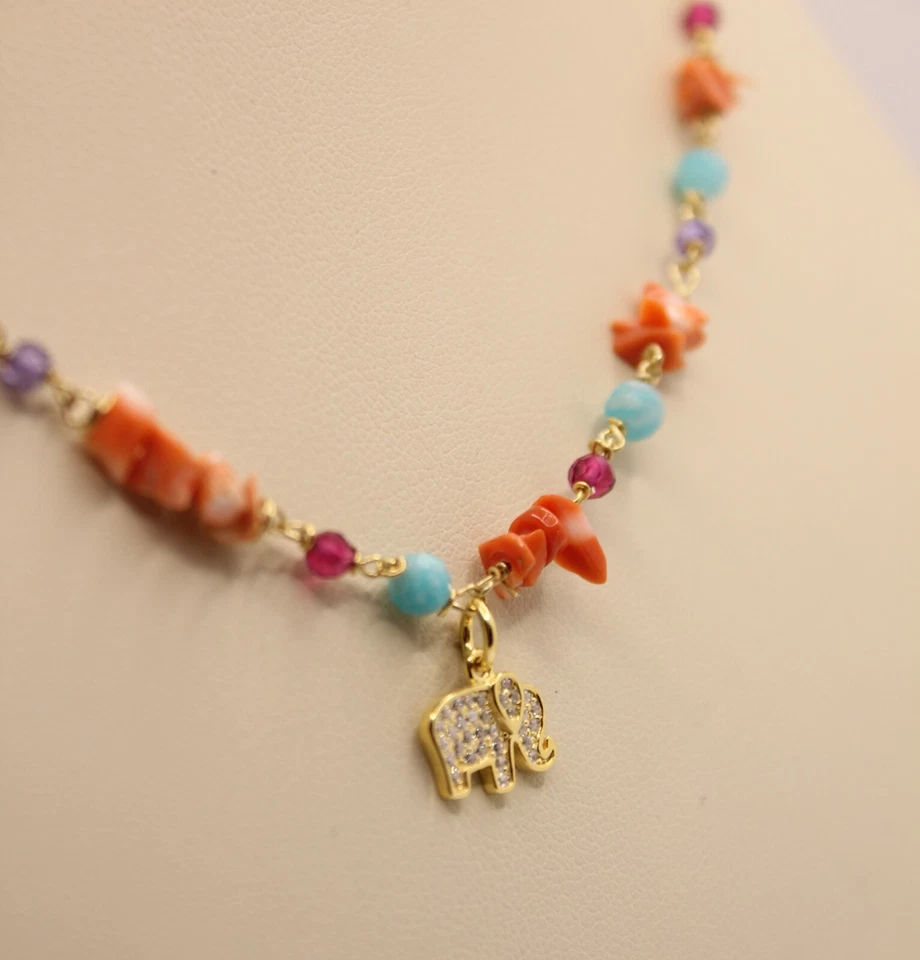 COLLANA ARGENTO DONNA SPINELLO AMAZZONITE CORALLO ELEFANTE ZIRCONI CM 40-45 - Immagine 4 di 4