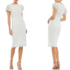 NWT Mac Duggal Floral Embellished Flutter Sleeve Midi Dress White Beaded Sz 0