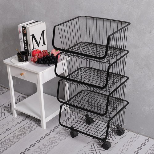 STORAGE STACKING WIRE BASKET STACKABLE SHELVES VEGETABLE FOOD KITCHEN RACK WHEEL - Picture 30 of 43