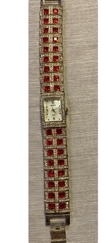 Reloj Geneva Elite Piedra Roja Estrás Acabado Plateado Estilo Art Deco Defecto Elegante - Imagen 2 de 6