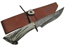 Rite Edge Fixed Knife 6.5" Damascus Steel Skinner Blade Stag Turquoise Handle