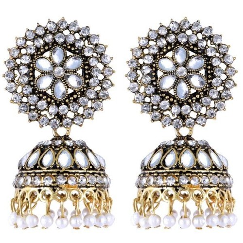 Beautiful and Attractive Green-White Brass Jhumki Earring for Girls and Women - Picture 2 of 3