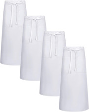 4 Pcs Bistro Aprons 2 Pockets 32" Waterproof Half Waist White