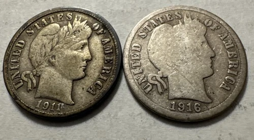 (2) Barber Dimes, 1916-p, 1911-D Mints