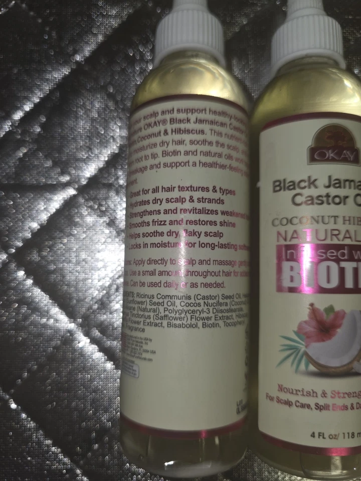 Okay Aceite de Ricino Jamaicano Negro Coco Hibisco Aceite de Crecimiento del Cabello/Biotina Lote de 2 Foto 2 de 2