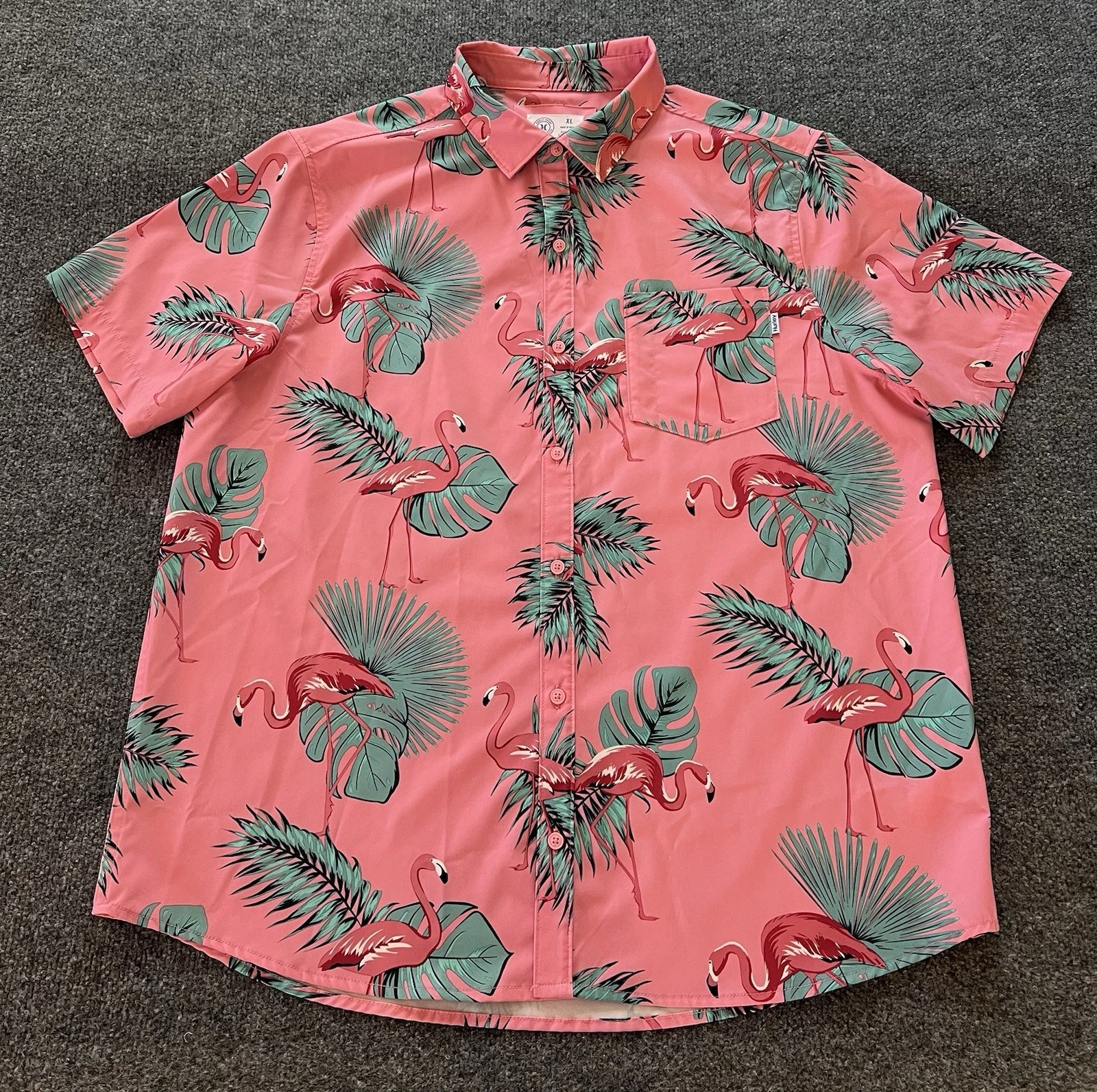Hurley Mens XL Shirt Pink Flamingos AOP Allover Print Short Sleeve Button Up