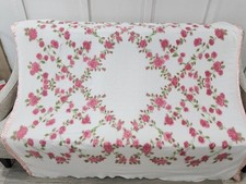 Vintage Satin Trim Acrylic Blanket Floral Cottage 84" x 76" Twin Full Double