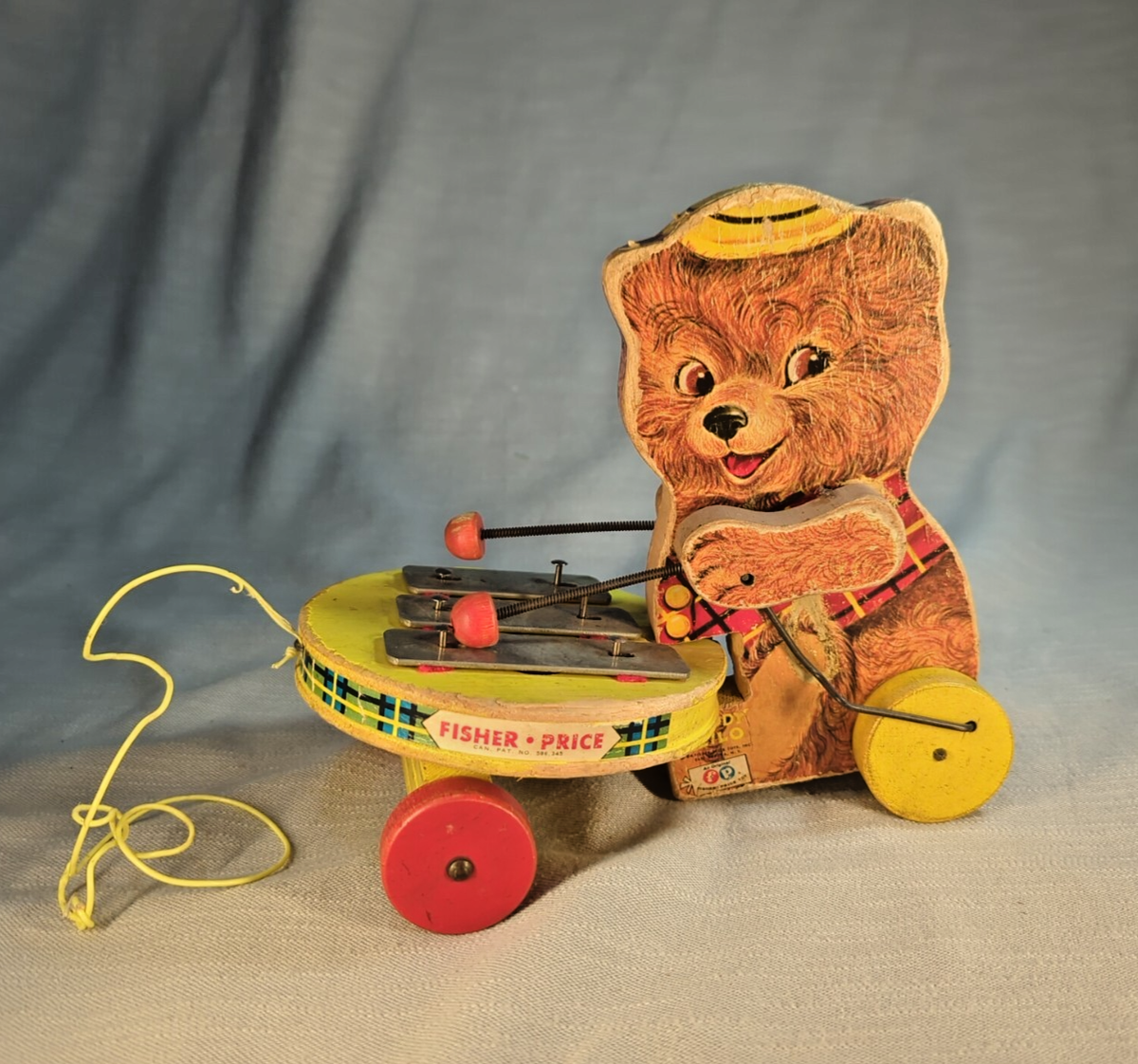 Vintage 1964 Fisher Price Teddy Zylo Wooden Pull Toy Xylophone