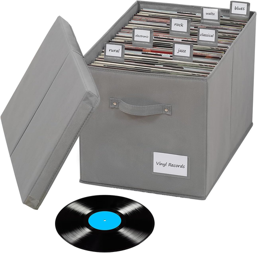 Moderne graue Vinyl Schallplatten Aufbewahrungsbox mit 7 Stück Trennwänden, für 120+ Schallplatten, Co