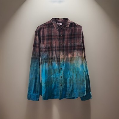 Upcycled Sonoma XXL Plaid Button-Down Flannel Shirt Blue Dip Dye