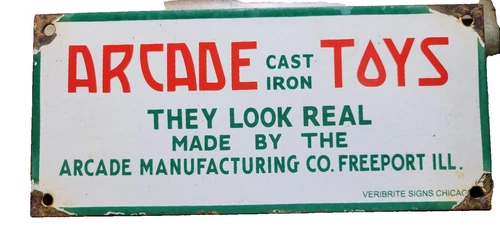 VINTAGE ARCADE TOYS PORCELAIN SIGN VERIBRITE ILLINOIS CHILDRENS CAST IRON GAMES