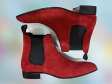 Handmade Mens Red color Chelsea boot, Men Red ankle suede leather sole boot