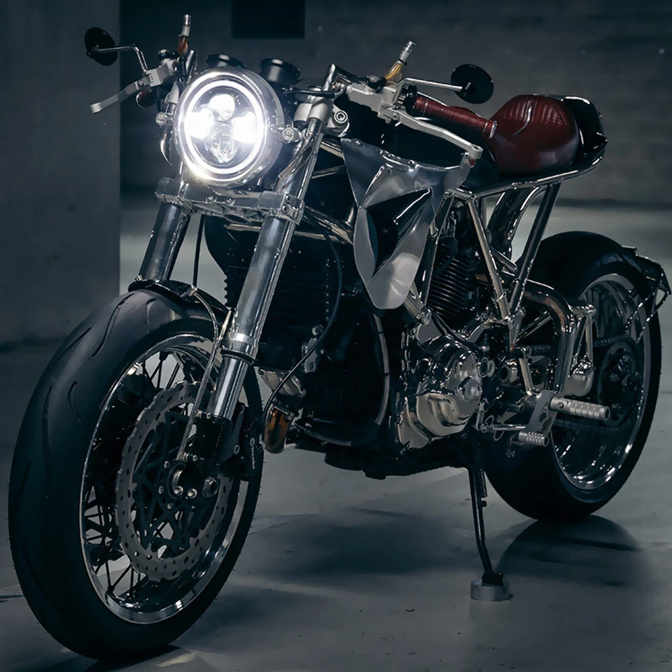 75W White LED 7" Motorcycle Cafe Racer Headlight w/ Halo Ring DRL Running Light Foto 2 de 4