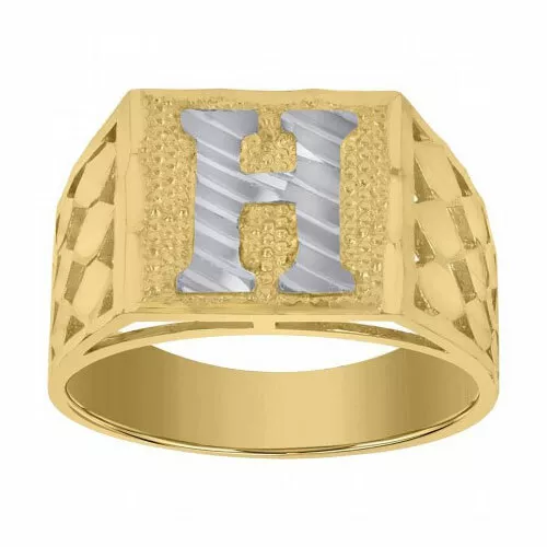 Mens 10K 2 Tone Gold Diamond Cut Initial Letter H Statement Ring